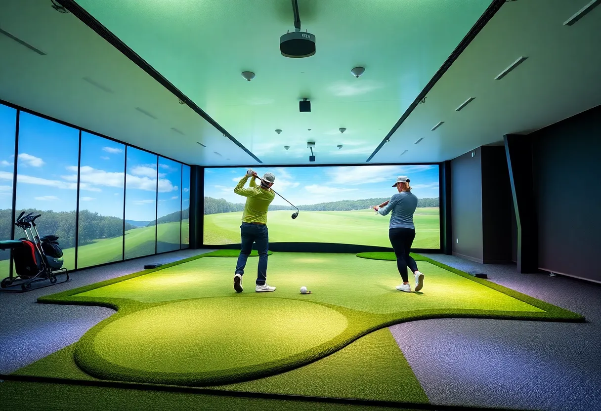 Golfers training on a futuristic golf platform with a tilting green.