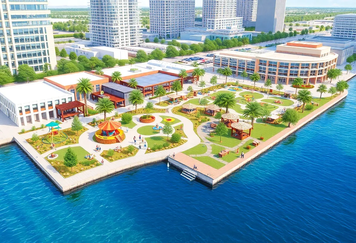 Artist's rendering of a transformed downtown Jacksonville waterfront with parks and dining.