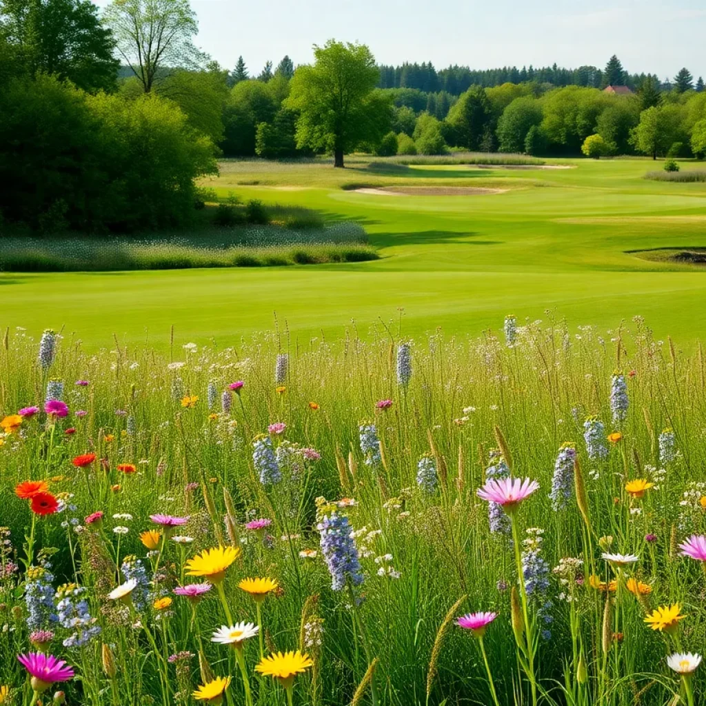 Restored natural landscape of a former golf course featuring wildflowers and wildlife
