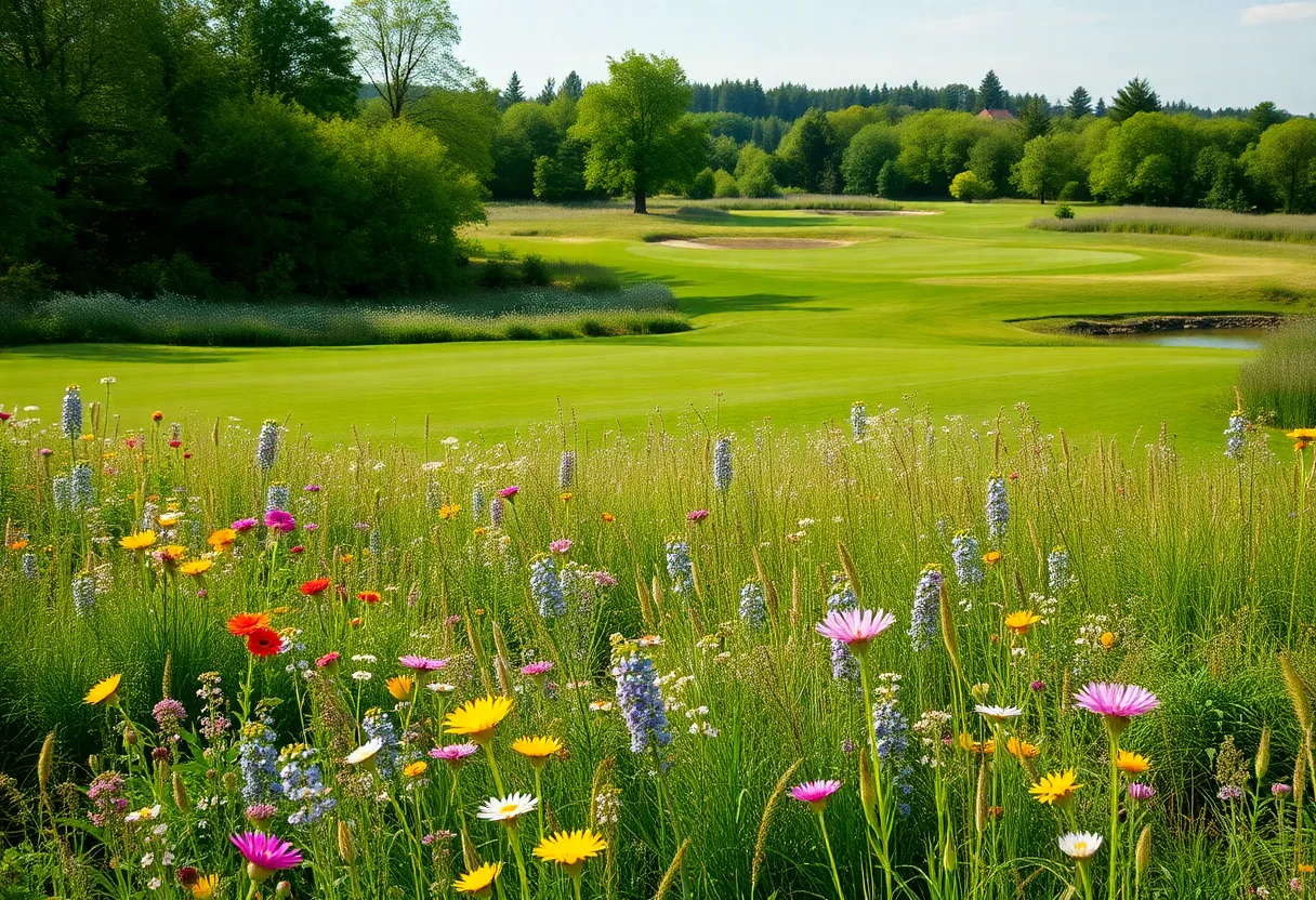 Restored natural landscape of a former golf course featuring wildflowers and wildlife