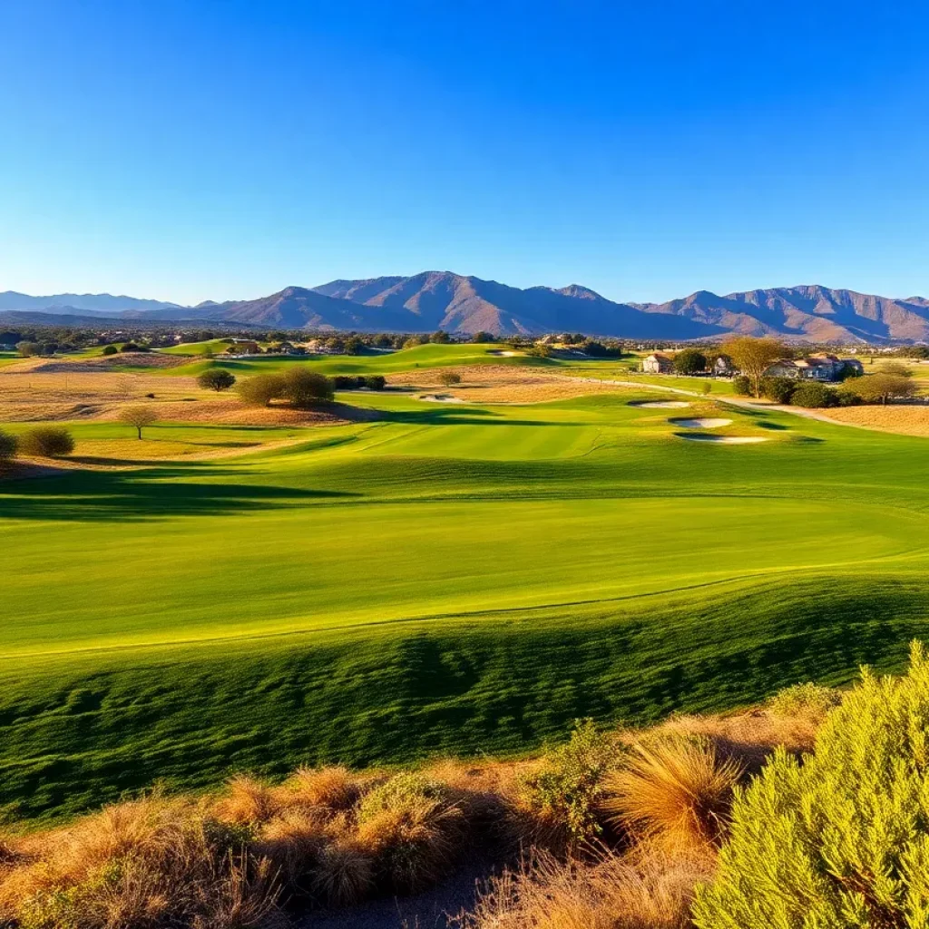A picturesque landscape of a Riverside County golf course under a clear sky