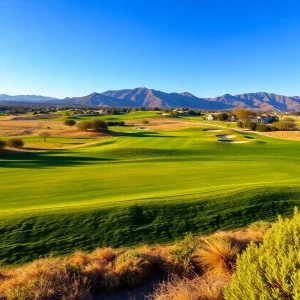 A picturesque landscape of a Riverside County golf course under a clear sky
