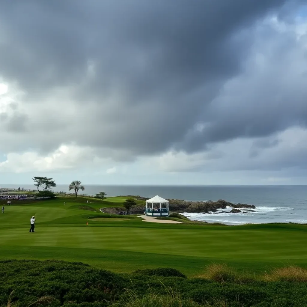 Pebble Beach golf course with golfers playing during the Pro-Am tournament.