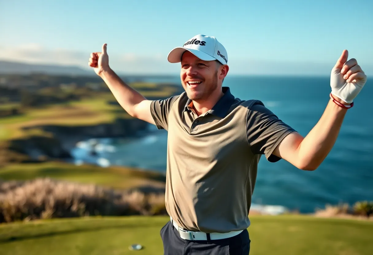 Golf course landscape at Pebble Beach with a golfer in action