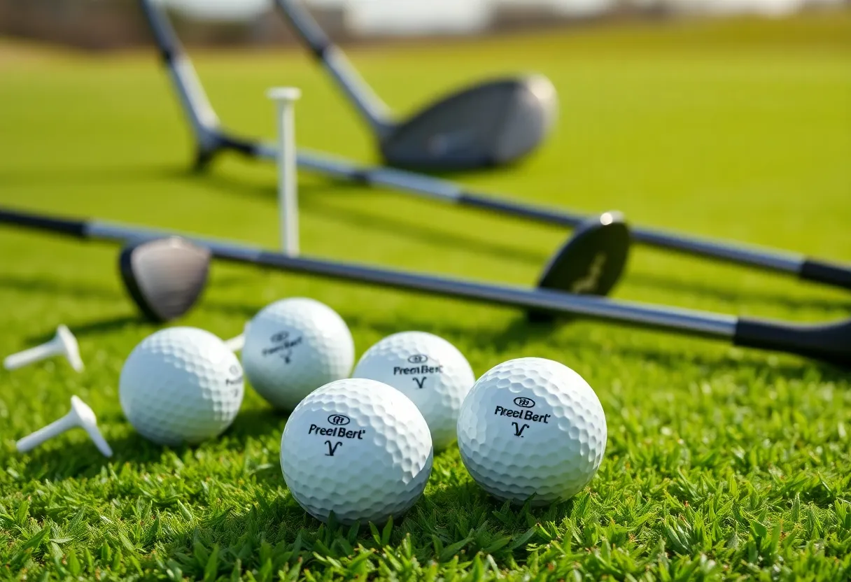 Display of Sam's Club Member's Mark golf balls on a golf course.