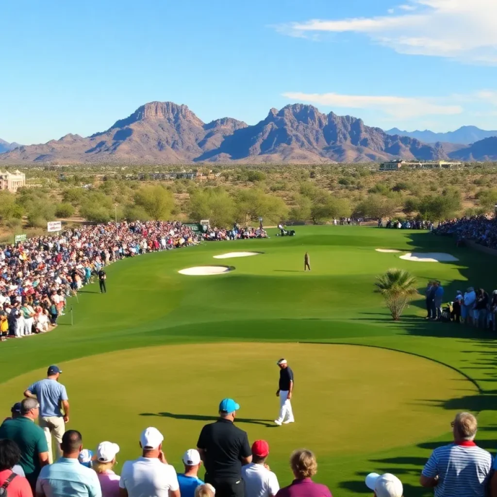 Vibrant Scottsdale golf course with players and desert backdrop