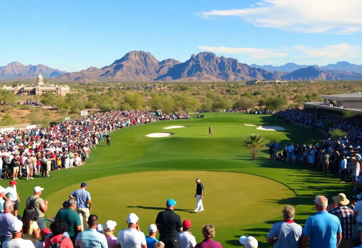 Vibrant Scottsdale golf course with players and desert backdrop