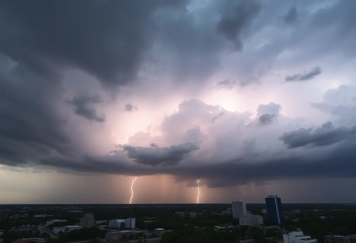 Dramatic storm clouds over Jacksonville with rain and lightning