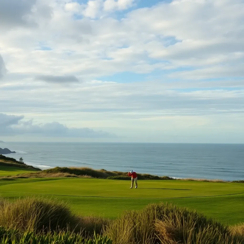 A golfer making a shot from the beach next to the ocean