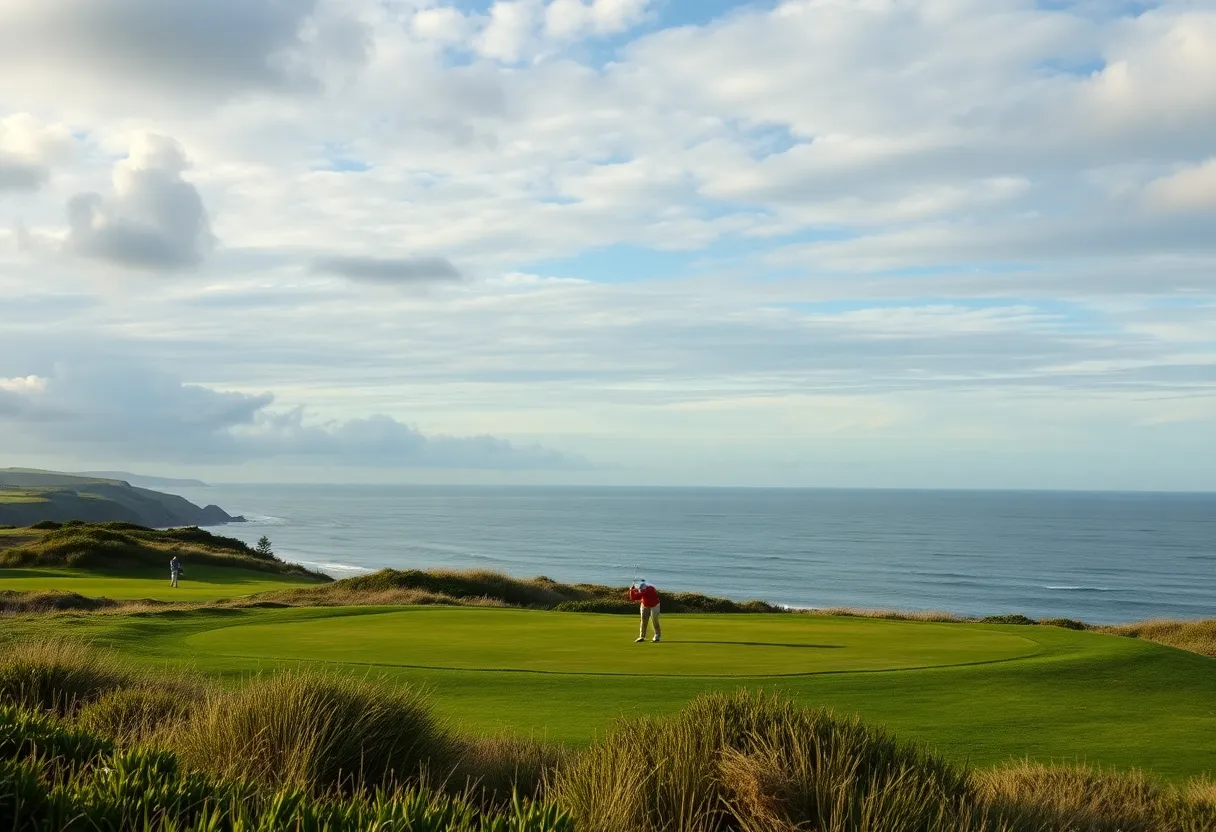 A golfer making a shot from the beach next to the ocean