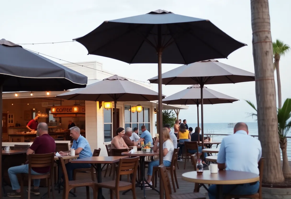 Outdoor seating at Southern Grounds Jacksonville Beach with customers enjoying coffee and food.