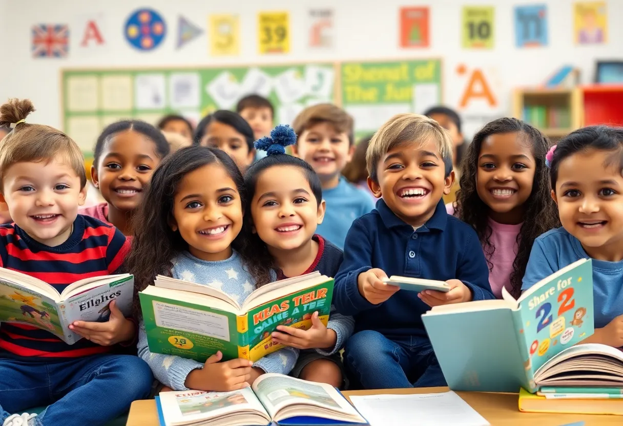 Children celebrating in a classroom environment for Sylvan Learning Center's 40th anniversary.