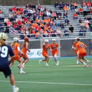Action shot of Syracuse lacrosse players during a game