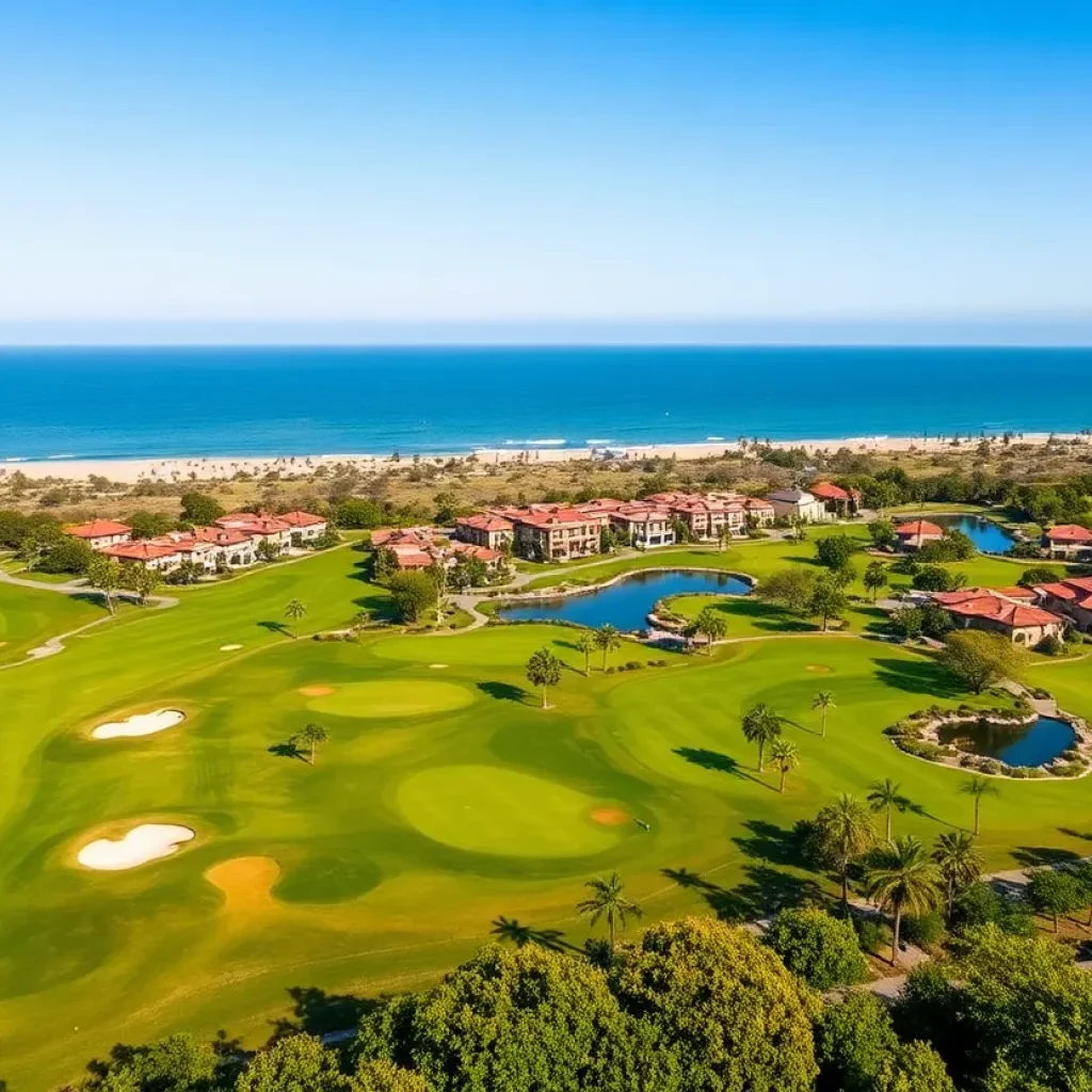Scenic view of Te Arai Links golf resort with ocean and golf courses