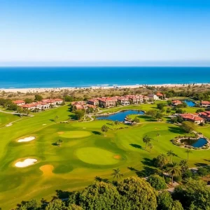 Scenic view of Te Arai Links golf resort with ocean and golf courses