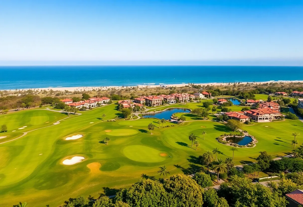 Scenic view of Te Arai Links golf resort with ocean and golf courses