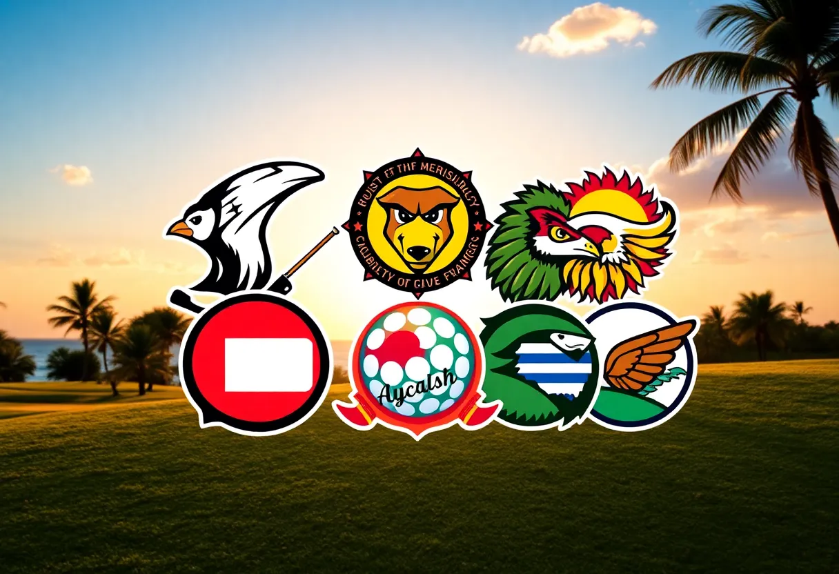An interactive golf arena featuring fans, team logos, and players in action.