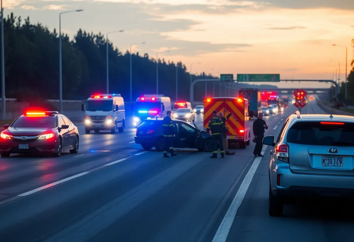 Emergency responders at a multi-vehicle accident scene on the highway