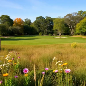 A beautiful landscape of a former golf course now thriving with biodiversity, including meadows and ponds.