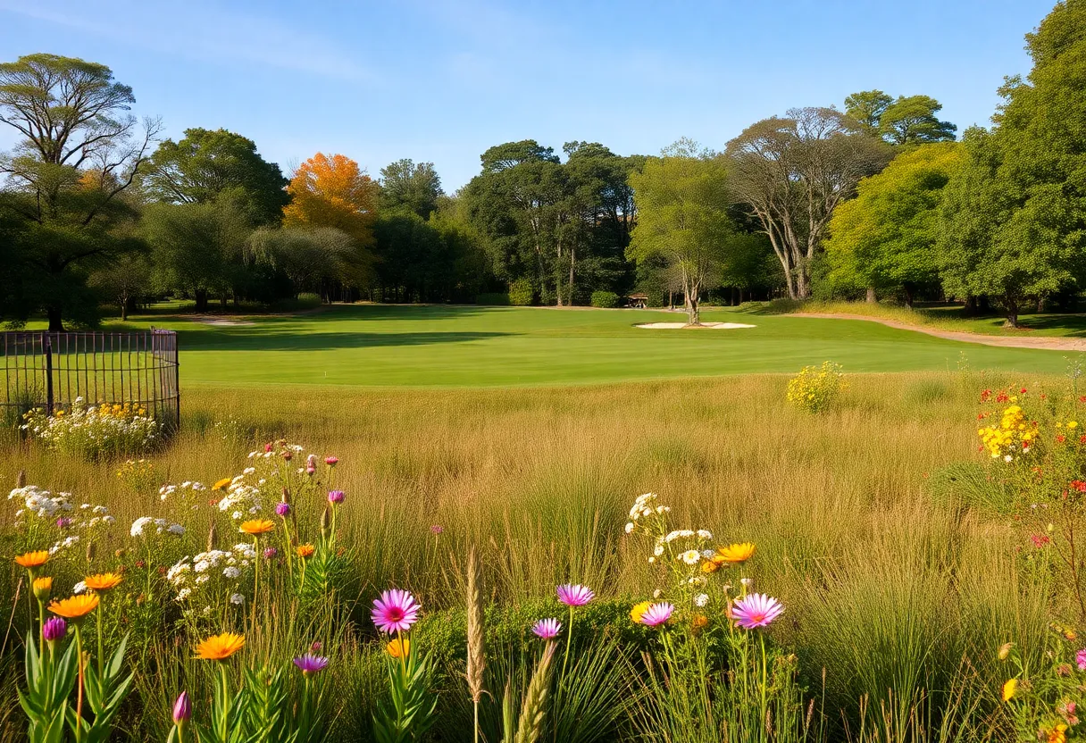 A beautiful landscape of a former golf course now thriving with biodiversity, including meadows and ponds.
