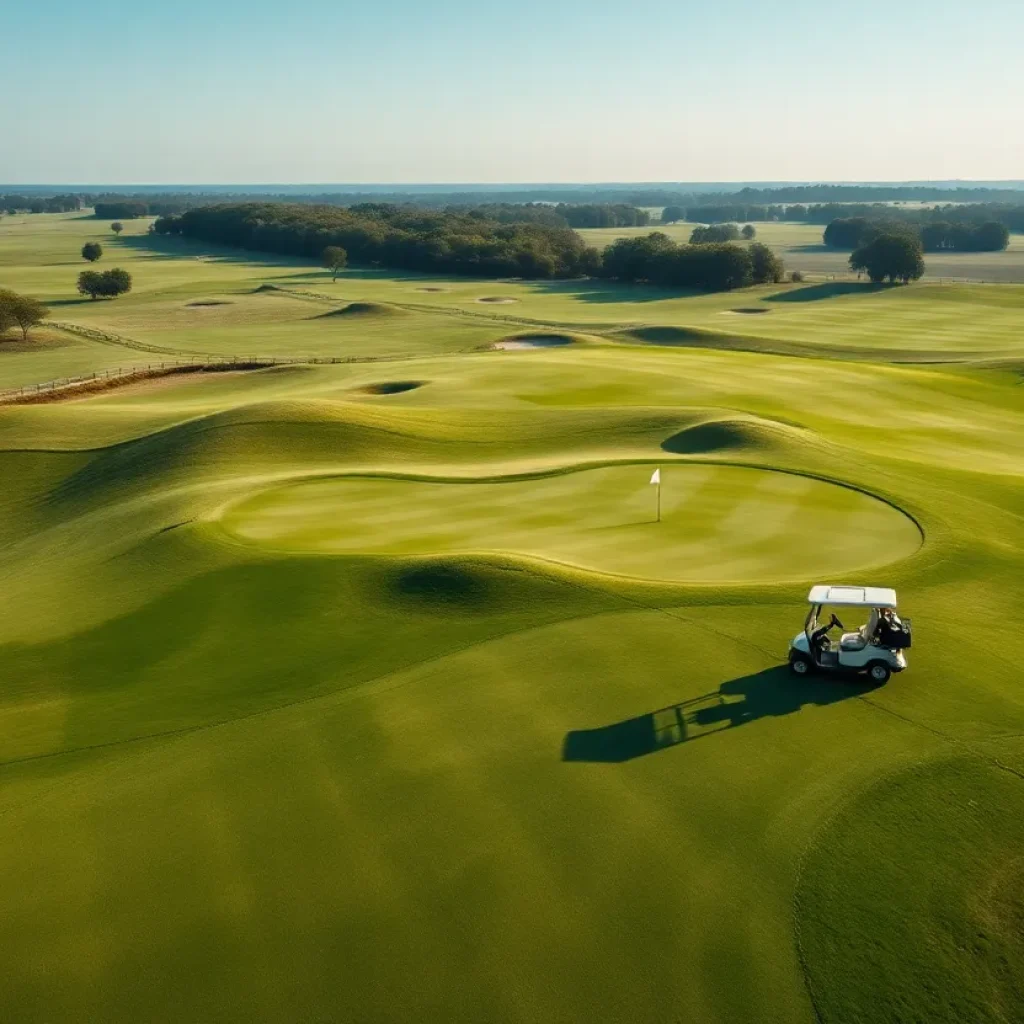 Scenic golf course landscape with golf cart