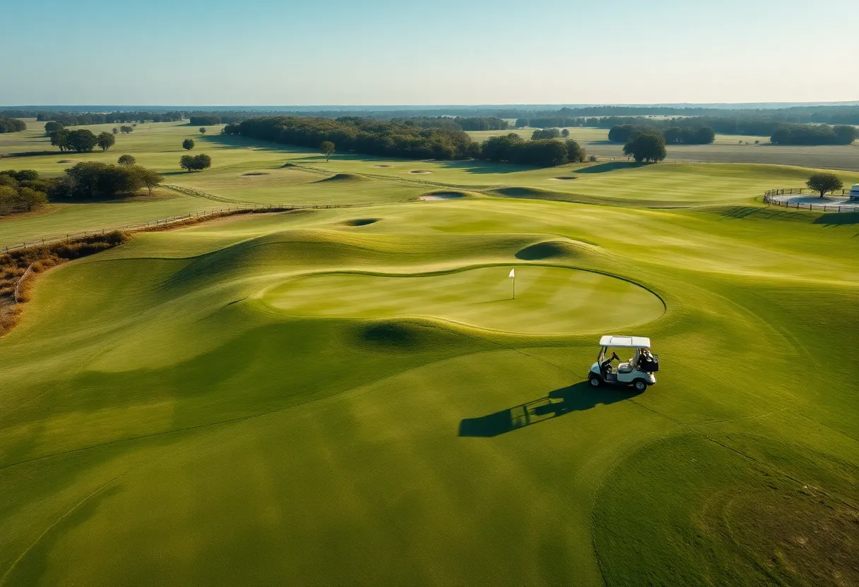 Scenic golf course landscape with golf cart