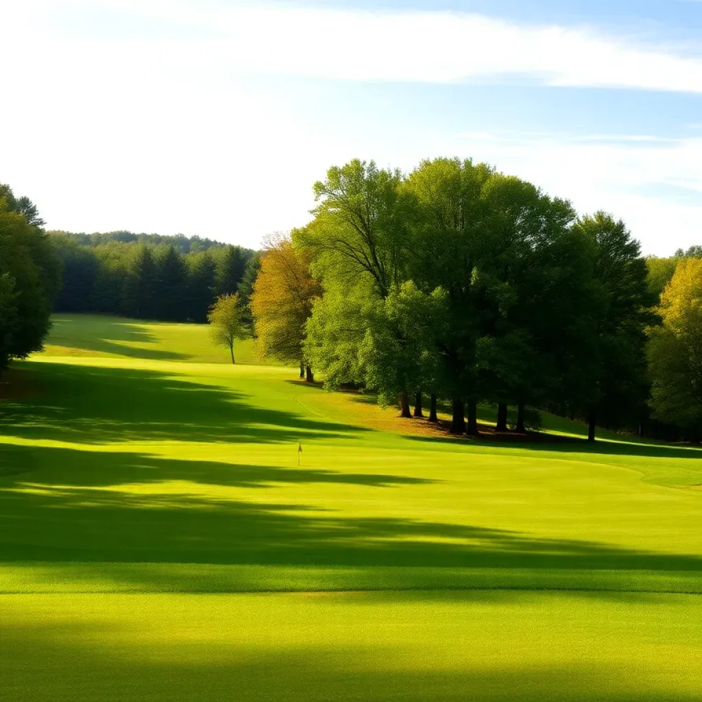 A scenic view of a golf course in upstate New York with lush greenery and a blue lake.