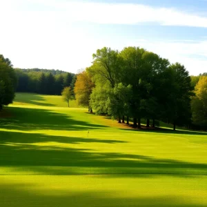 A scenic view of a golf course in upstate New York with lush greenery and a blue lake.