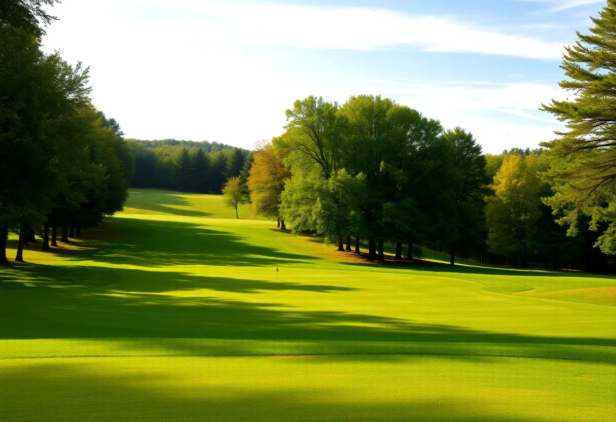 A scenic view of a golf course in upstate New York with lush greenery and a blue lake.