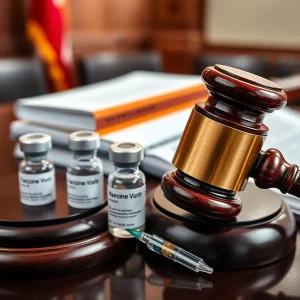 A symbolic portrayal of vaccine oversight involving a gavel and vaccine vials.