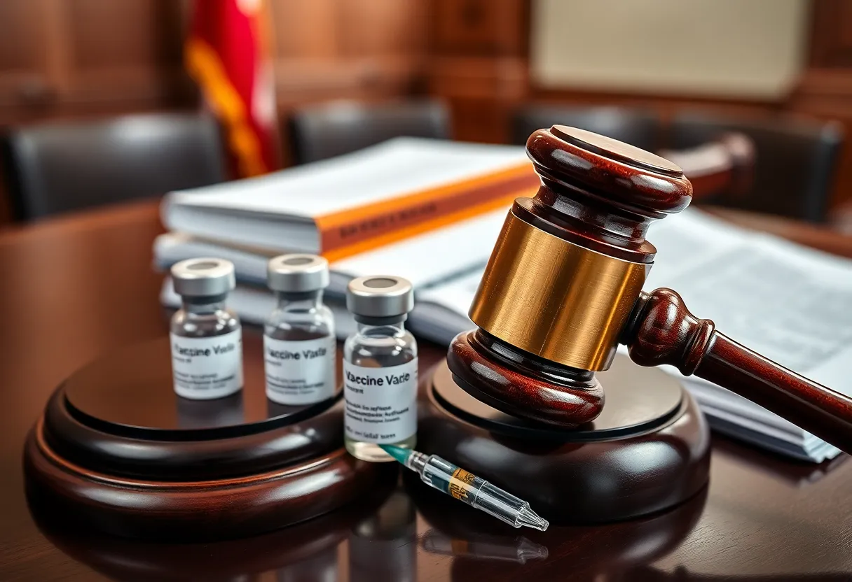 A symbolic portrayal of vaccine oversight involving a gavel and vaccine vials.