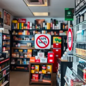 Inside view of a vape shop with a sign indicating no sales to minors.