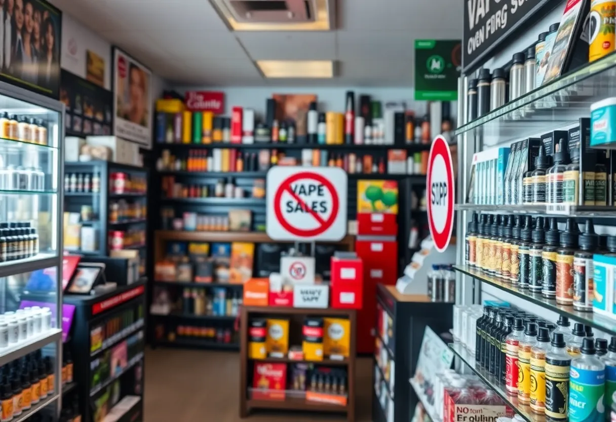 Inside view of a vape shop with a sign indicating no sales to minors.