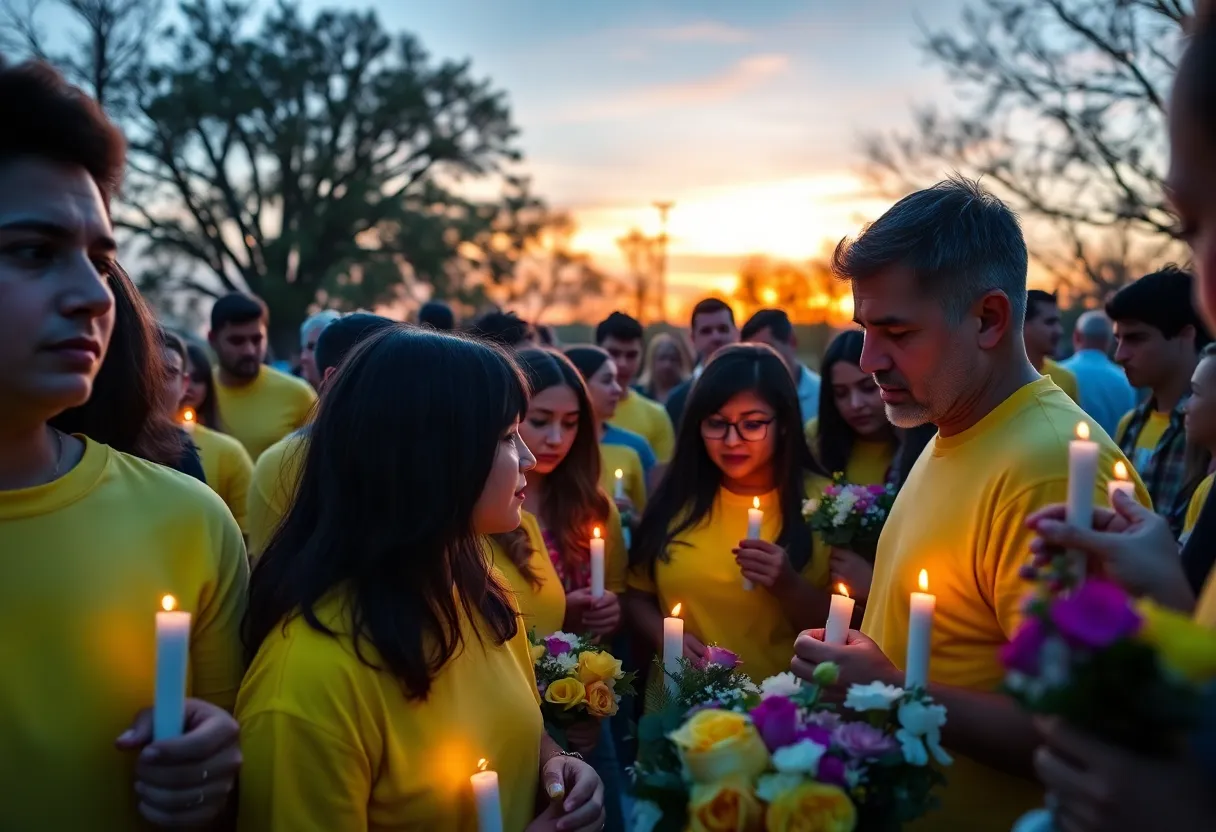 Community members gather for a vigil honoring Pablo Kye Golden with flowers and candles.