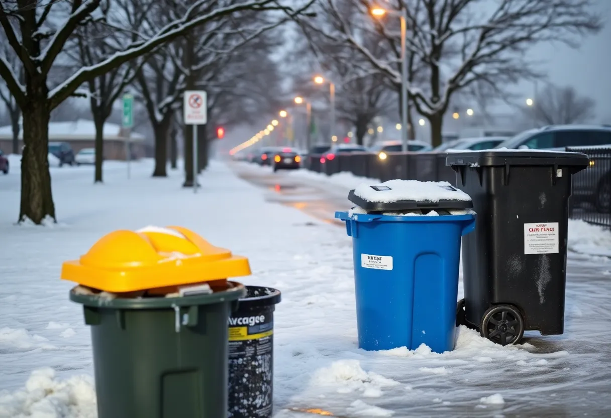 Winter weather in Jacksonville with trash bins