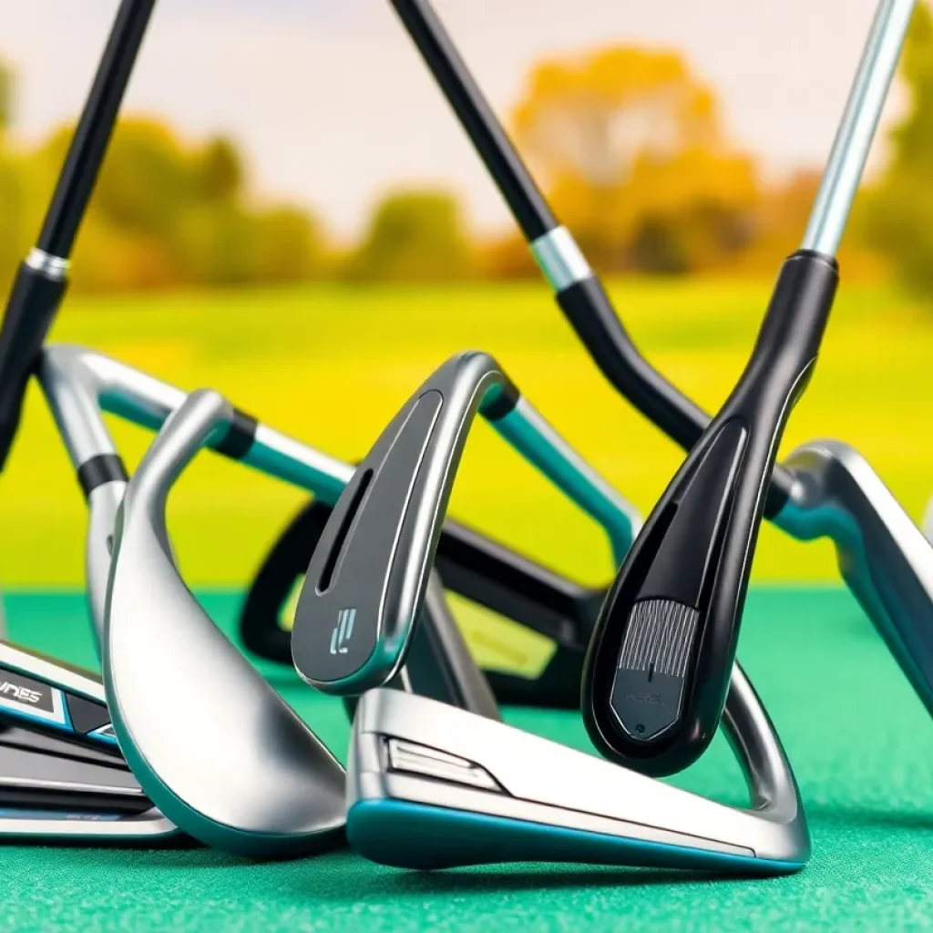 A selection of golf irons for women displayed on a golf course.