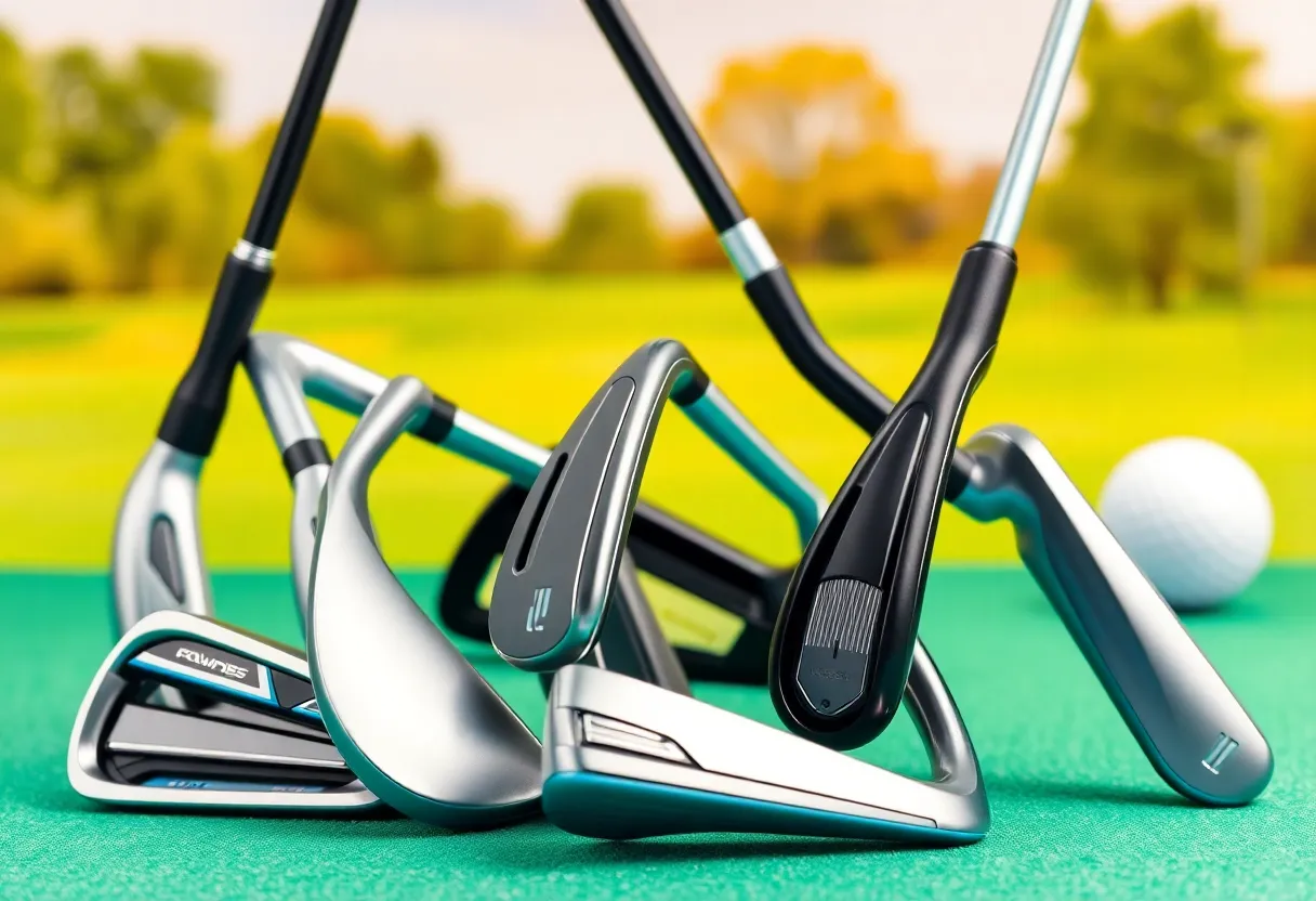 A selection of golf irons for women displayed on a golf course.