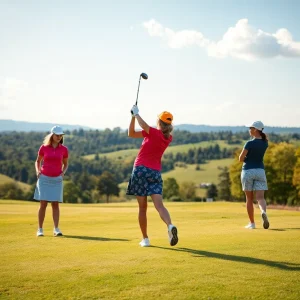 Women golfers playing on a scenic golf course