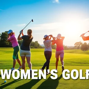 Female golfers practicing on a golf course