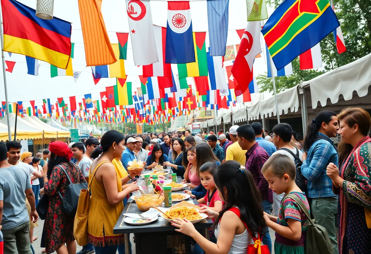 Attendees enjoying the World of Nations Celebration with cultural displays and activities