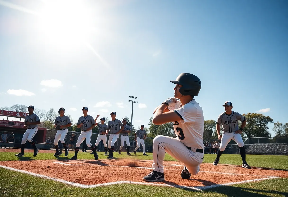 WVU Baseball team playing in a sunny stadium.