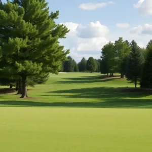 A close-up look at a beautiful golf course with lush green grass and scenic hills