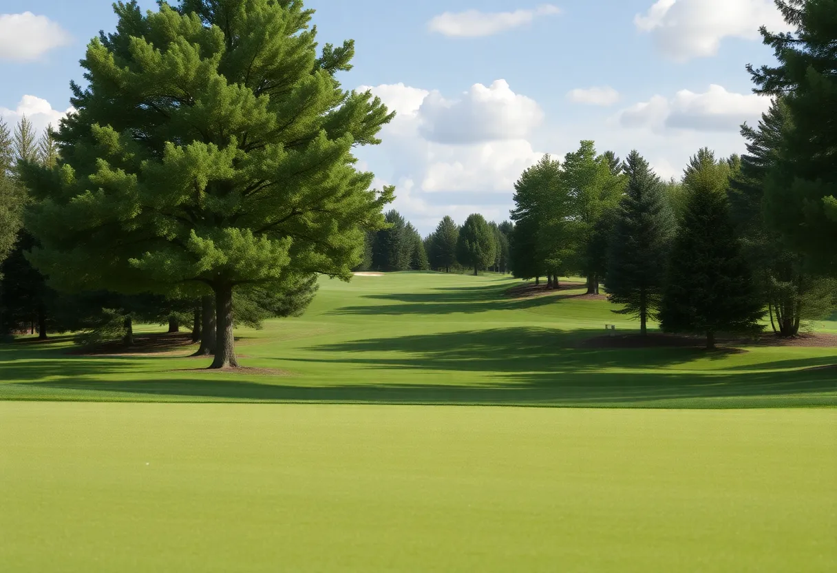 A close-up look at a beautiful golf course with lush green grass and scenic hills