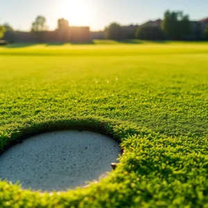 Close up of a beautiful golf course with lush greenery.