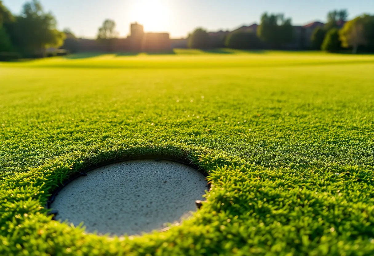 Close up of a beautiful golf course with lush greenery.