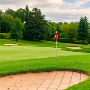 Close up of a beautiful golf course with vibrant green landscapes.