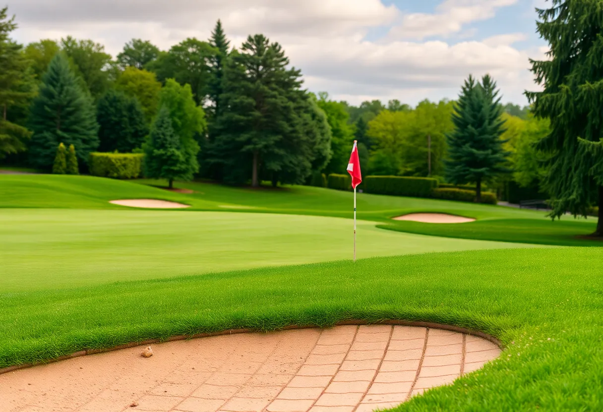 Close up of a beautiful golf course with vibrant green landscapes.
