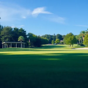 A close-up view of a beautiful golf course with bright greens and blue skies.