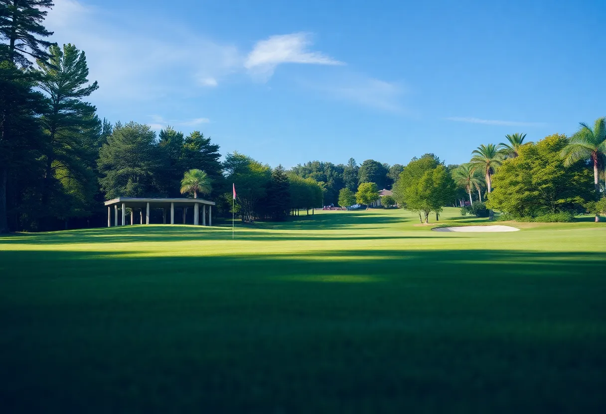 A close-up view of a beautiful golf course with bright greens and blue skies.
