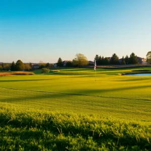 Close up of a beautiful golf course with golfer and alligator